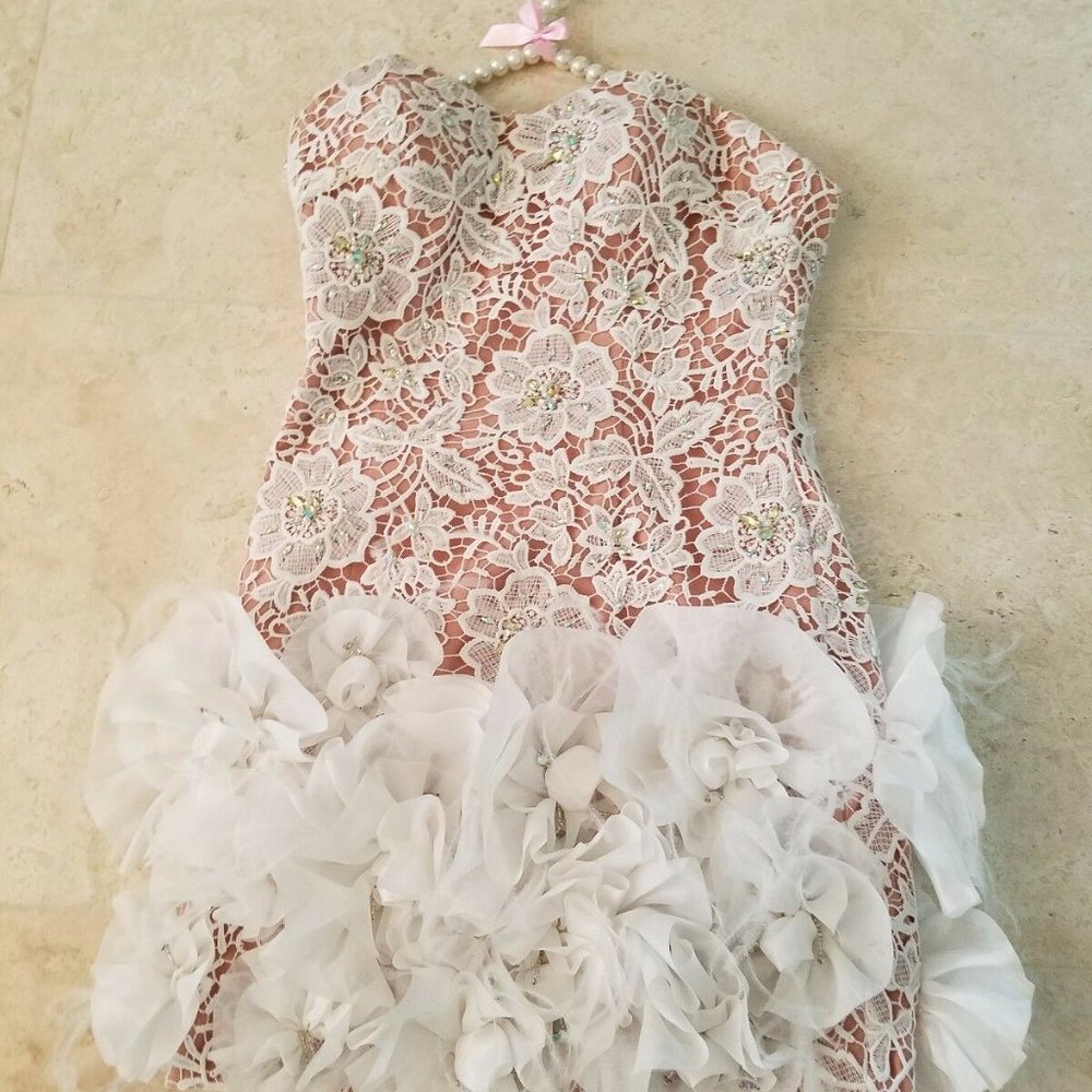 ANNABELLA BOUTIQUE WHITE LACE CREAM STRAPLESS COCKTAIL RHINESTONE JEWEL DRESS 12